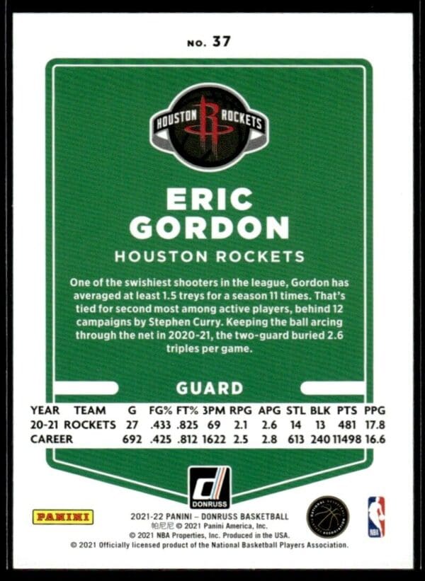 _10 2021 Donruss Houston Rockets #37 Eric Gordon Orange Holo Laser