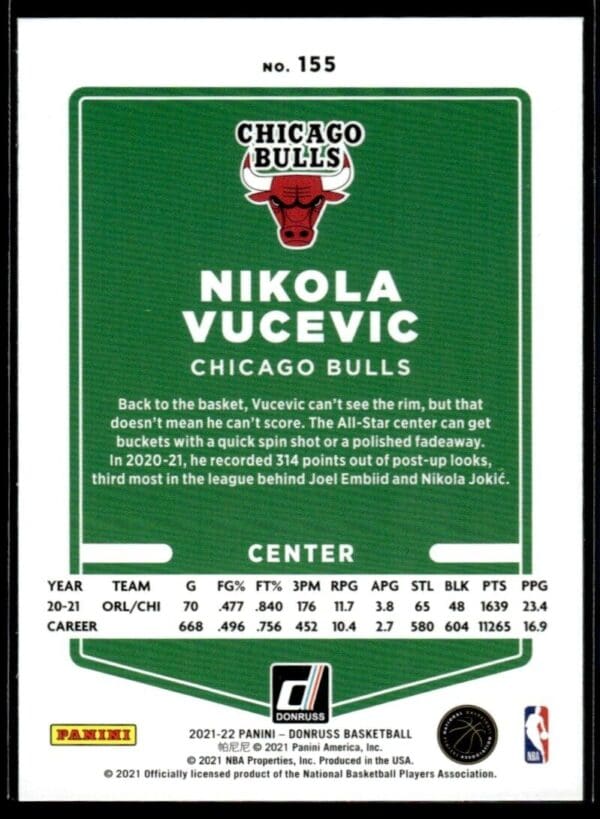2021 Donruss Chicago Bulls #155 Nikola Vucevic Orange Holo Laser