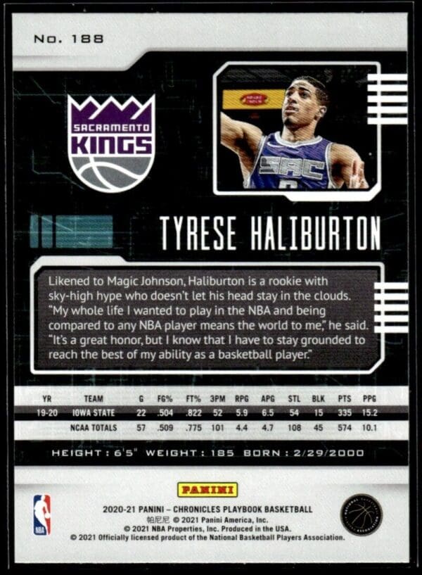 2020 Panini Chronicles Playbook Sacramento Kings #188 Tyrese Haliburton RC Rooki