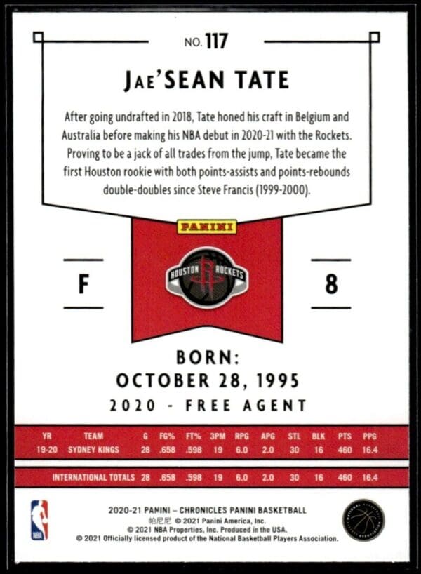 2020 Panini Chronicles Houston Rockets #117 Jae'Sean Tate