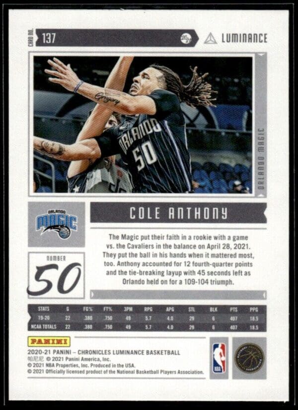 2020 Panini Chronicles Luminance Orlando Magic #137 Cole Anthony RC Rookie