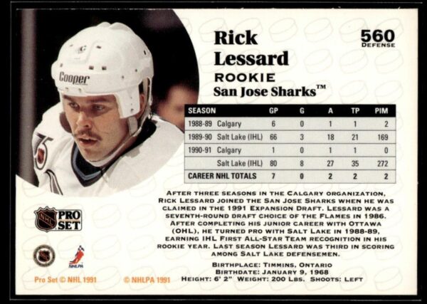 _10 1991 Pro Set San Jose Sharks #560 Rick Lessard RC Rookie