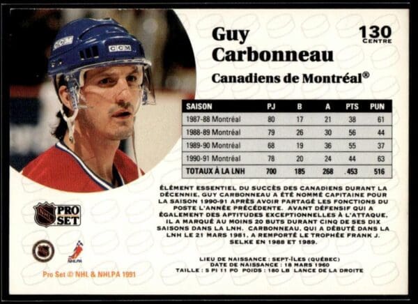 1991 Pro Set Montreal Canadiens #130 Guy Carbonneau