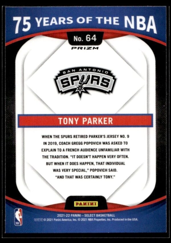 2021 Panini Select 75 Years of the NBA San Antonio Spurs #64 Tony Parker