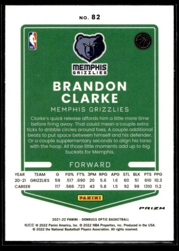 2021-22 Donruss Optic Brandon Clarke Memphis Grizzlies #82 Holo