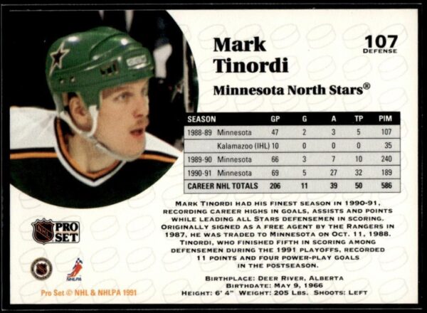 1991 Pro Set Minnesota North Stars #107 Mark Tinordi