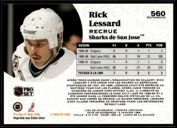 1991 Pro Set San Jose Sharks #560 Rick Lessard RC Rookie
