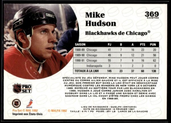 1991 Pro Set Chicago Blackhawks #369 Mike Hudson