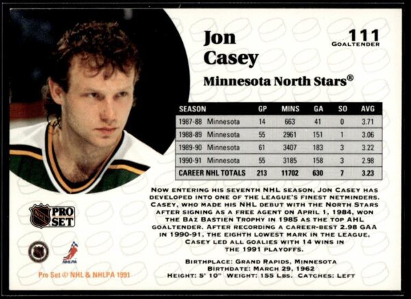 1991 Pro Set Minnesota North Stars #111 Jon Casey