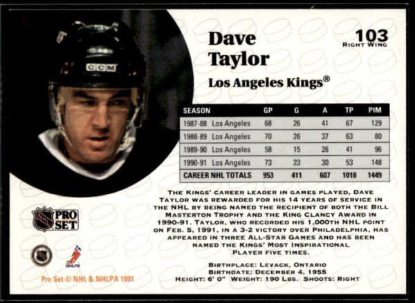 _10 1991 Pro Set Los Angeles Kings #103 Dave Taylor