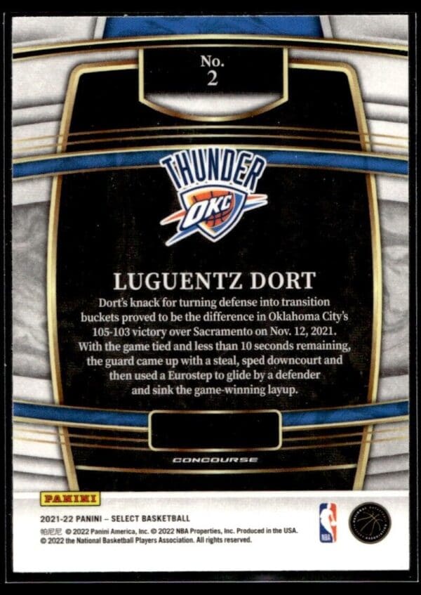 2021 Panini Select Oklahoma City Thunder #2 Luguentz Dort