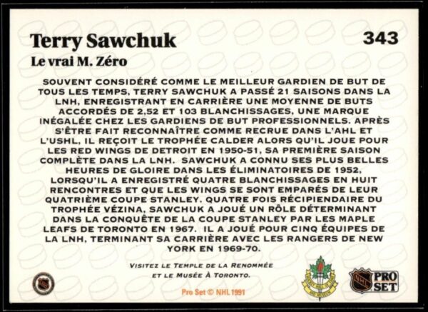 _10 1991 Pro Set Detroit Red Wings #343 Terry Sawchuk
