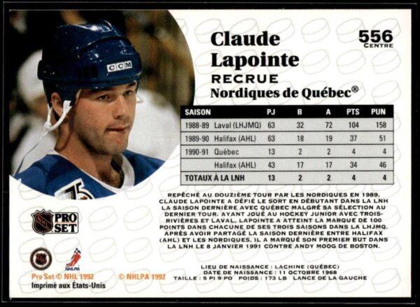 _10 1991 Pro Set Quebec Nordiques #556 Claude Lapointe RC Rookie