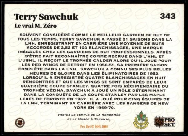 1991 Pro Set Detroit Red Wings #343 Terry Sawchuk