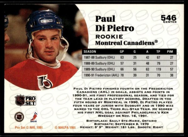 1991 Pro Set Montreal Canadiens #546 Paul DiPietro RC Rookie