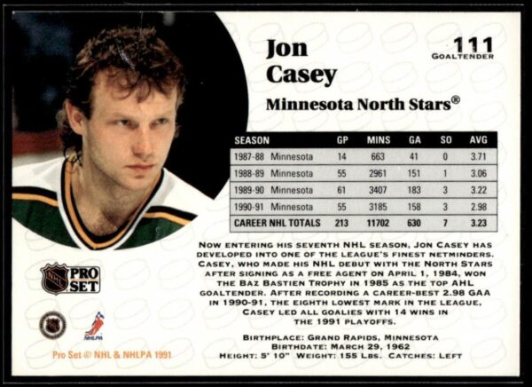 1991 Pro Set Minnesota North Stars #111 Jon Casey