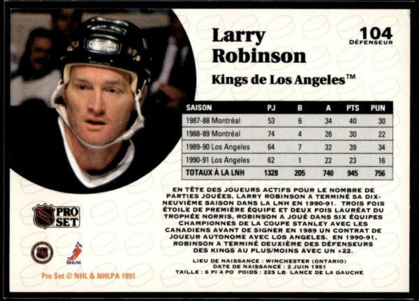 1991 Pro Set Los Angeles Kings #104 Larry Robinson