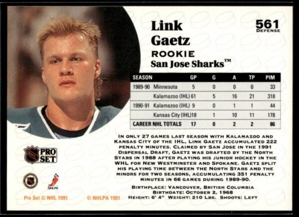 1991 Pro Set San Jose Sharks #561 Link Gaetz