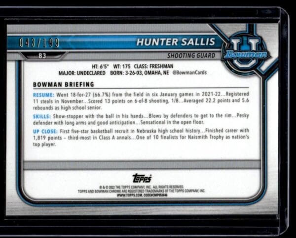_10 2021 Bowman University #83 Hunter Sallis 48/199 Blue Refractor