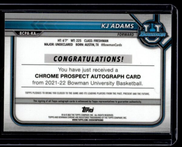 2021 Bowman University  #BCPA-KA KJ Adams Autographed