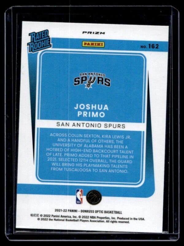 _10 2021 Donruss San Antonio Spurs #212 Joshua Primo RC Rookie Blue Velocity