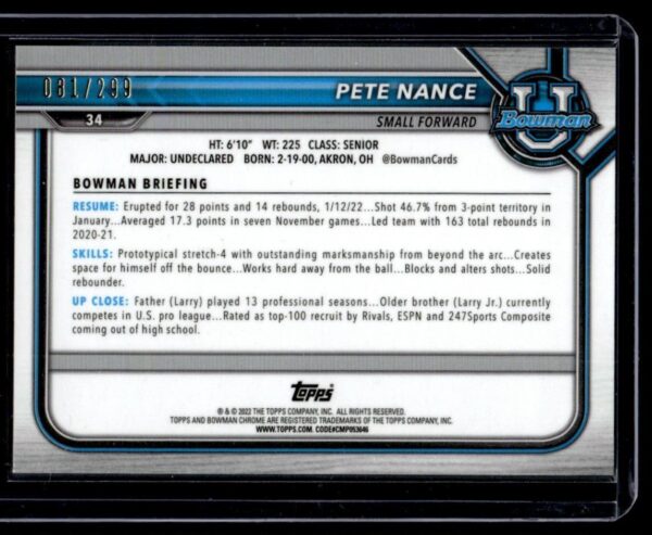 2021 Bowman University  #34 Pete Nance 81/299 Purple Refactor