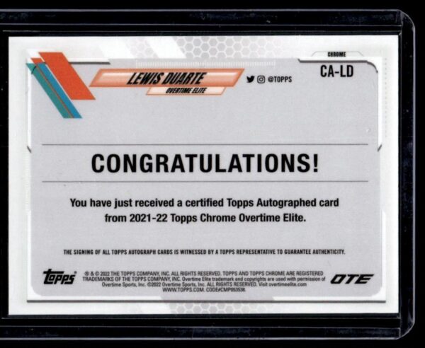_10 2022 Topps #CA-LD Lewis Duarte RC Rookie Autographed Refractor