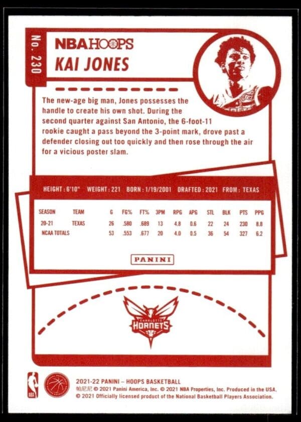 2021 Hoops Charlotte Hornets #230 Kai Jones RC Rookie Red Back