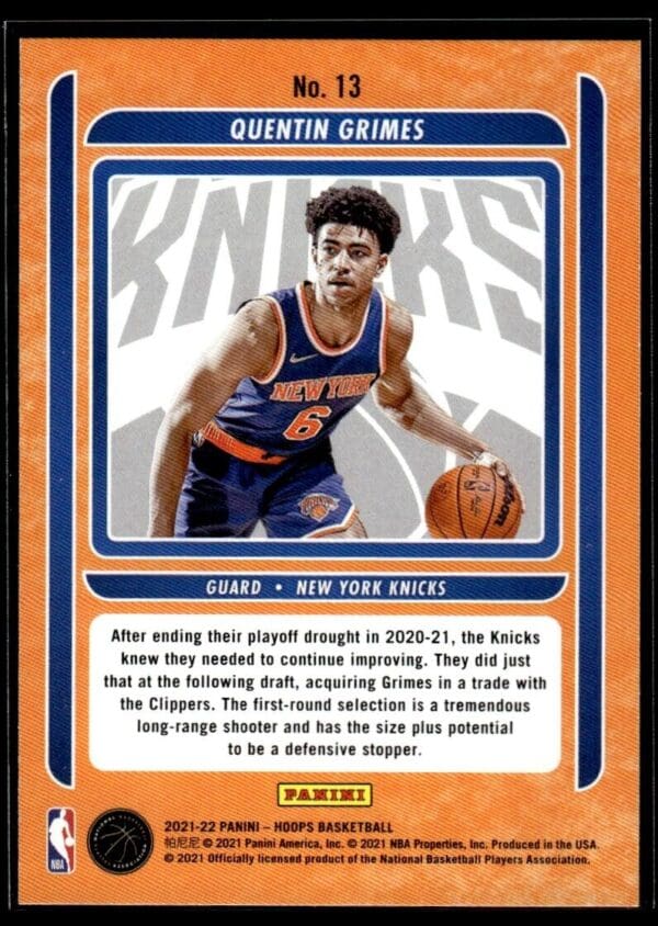 2021 Hoops Class of 2021 New York Knicks #13 Quentin Grimes RC Rookie