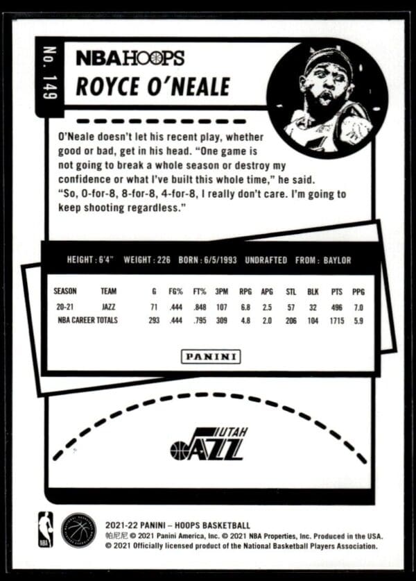 2021 Hoops Utah Jazz #149 Royce O'Neale Purple