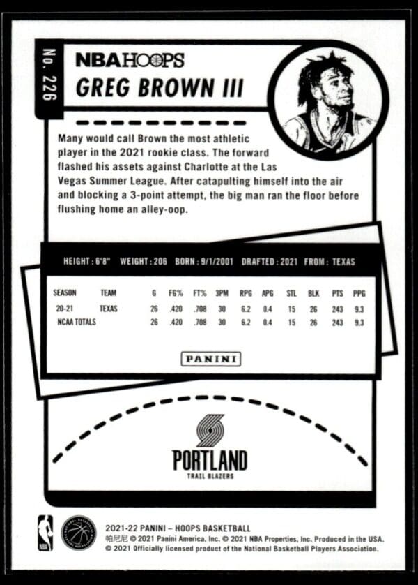 _10 2021 Hoops Portland Trail Blazers #226 Greg Brown III RC Rookie Purple