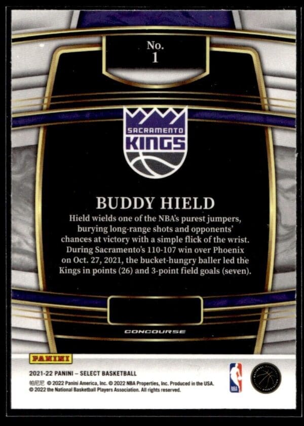 2021 Panini Select Sacramento Kings #1 Buddy Hield