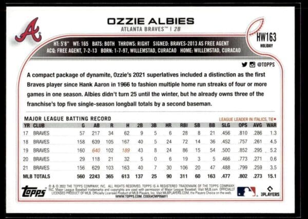 _10 2022 Topps Holiday Atlanta Braves #163 Ozzie Albies