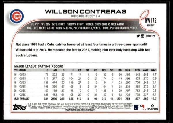 2022 Topps Holiday Chicago Cubs #172 Willson Contreras