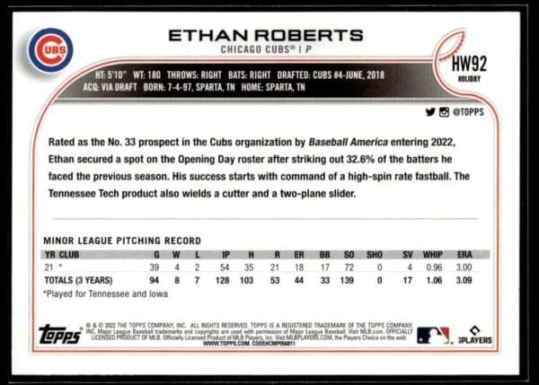_10 2022 Topps Holiday Chicago Cubs #92 Ethan Roberts RC Rookie