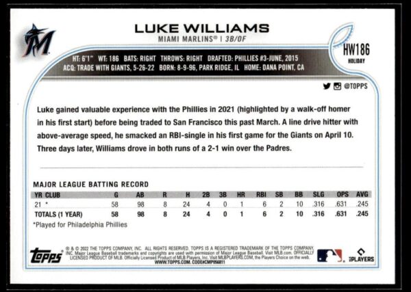 2022 Topps Holiday Philadelphia Phillies #186 Luke Williams RC Rookie