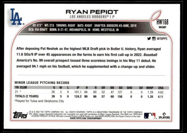 2022 Topps Holiday Los Angeles Dodgers #168 Ryan Pepiot RC Rookie