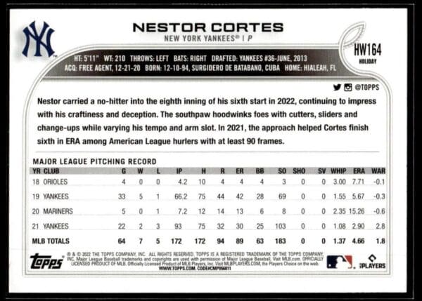 2022 Topps Holiday New York Yankees #164 Nestor Cortes