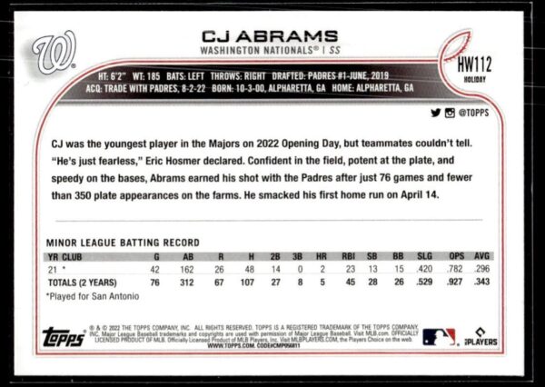 2022 Topps Holiday Fort Wayne TinCaps #112 CJ Abrams RC Rookie