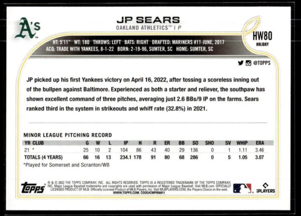 2022 Topps Holiday New York Yankees #80 JP Sears RC Rookie