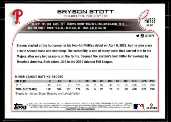 _10 2022 Topps Holiday Philadelphia Phillies #133 Bryson Stott RC Rookie