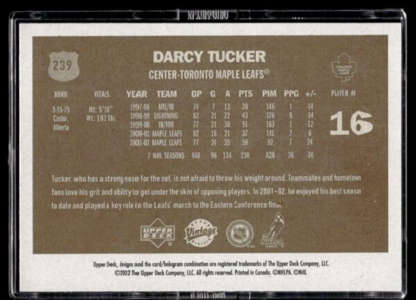 2002 Upper Deck Vintage Toronto Maple Leafs #239 Darcy Tucker