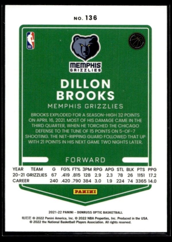 2021-22 Donruss Optic Dillon Brooks Memphis Grizzlies #136