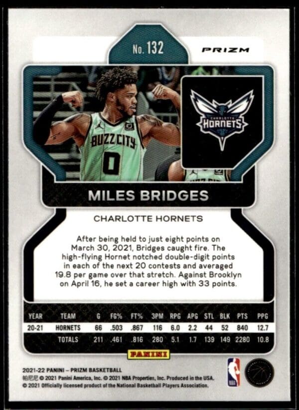 2021-22 Panini Prizm Miles Bridges Charlotte Hornets #132 Pink Cracked Ice