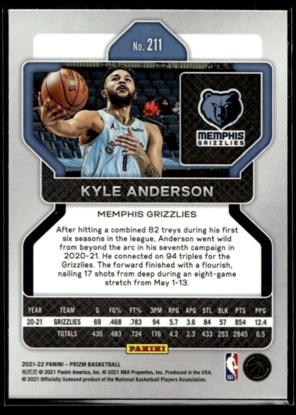 2021-22 Panini Prizm Kyle Anderson Memphis Grizzlies #211