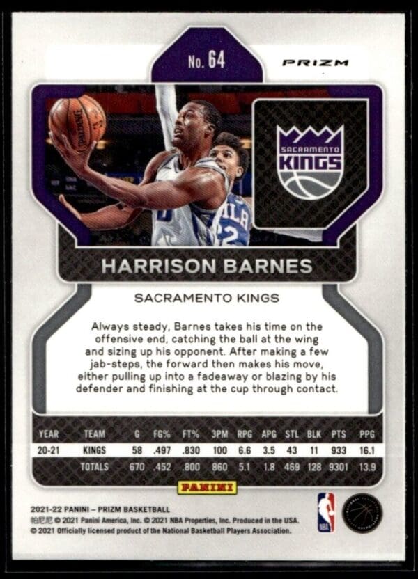 2021-22 Panini Prizm Red White and Blue Harrison Barnes Sacramento Kings #64