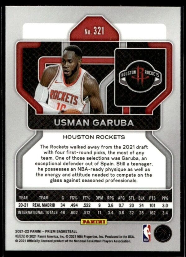2021-22 Panini Prizm Usman Garuba Rookie Houston Rockets #321