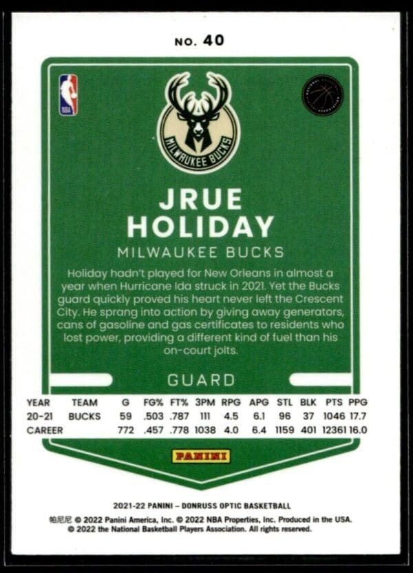 _10 2021-22 Donruss Optic Jrue Holiday Milwaukee Bucks #40
