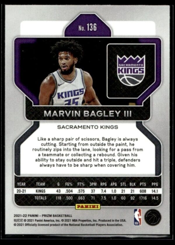 2021-22 Panini Prizm Marvin Bagley III Sacramento Kings #136