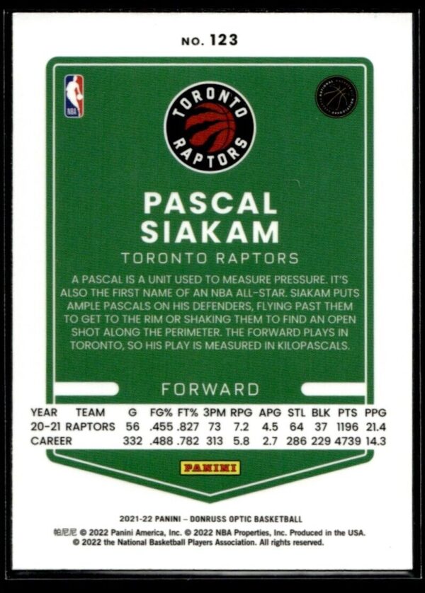 2021-22 Donruss Optic Pascal Siakam Toronto Raptors #123